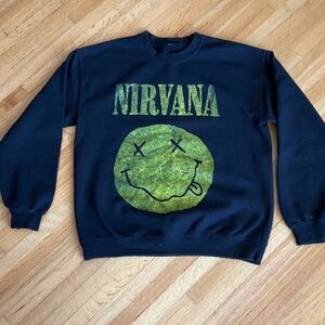 NIRVANA Black Crewneck with Green Smiley Graphic